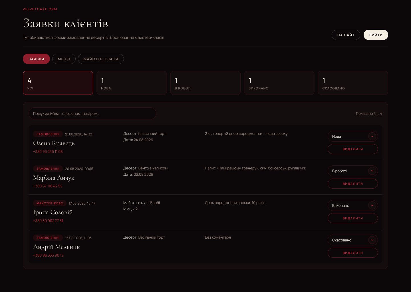 VelvetCake CRM, the Requests section on a laptop